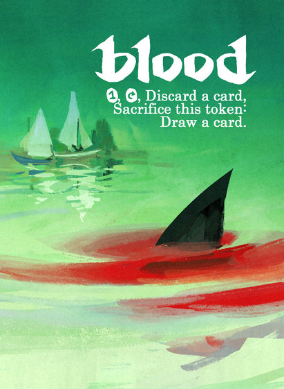 Melbourne Pauper Blood token by JG — a shark fin trailing blood through green water