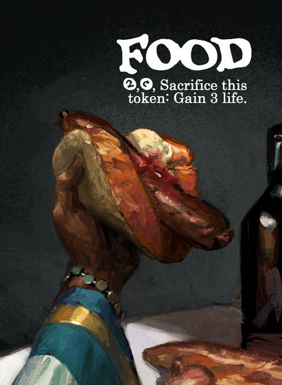 Melbourne Pauper Food token by JG — a hand holding a sausage in a bun with sauce