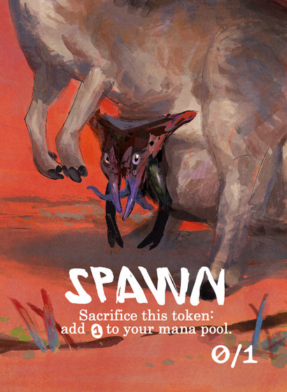 Melbourne Pauper Spawn token by JG — a small creature beneath a larger one in warm desert light